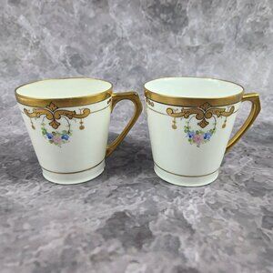 Set of 2 Bone China Tea Cups White Gold Trim & Handle Floral Accents Vintage